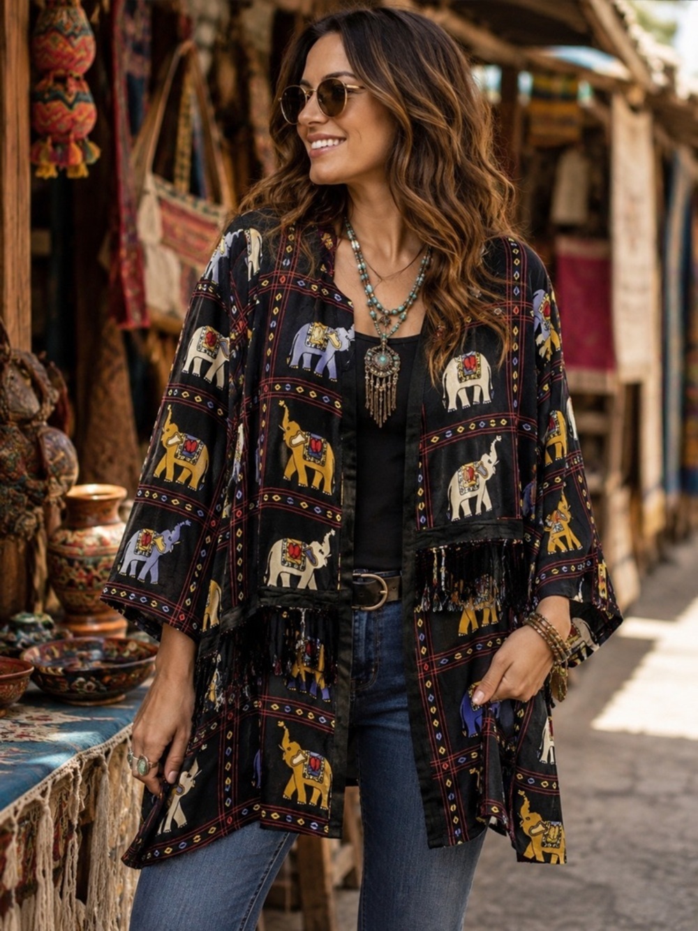 Mamta Boho Elephant Print Fringe Kimono Jacket Open Front Festival Top